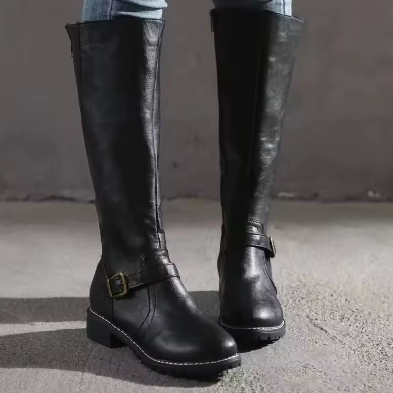 Elegant knee high boots with buckle and side zip