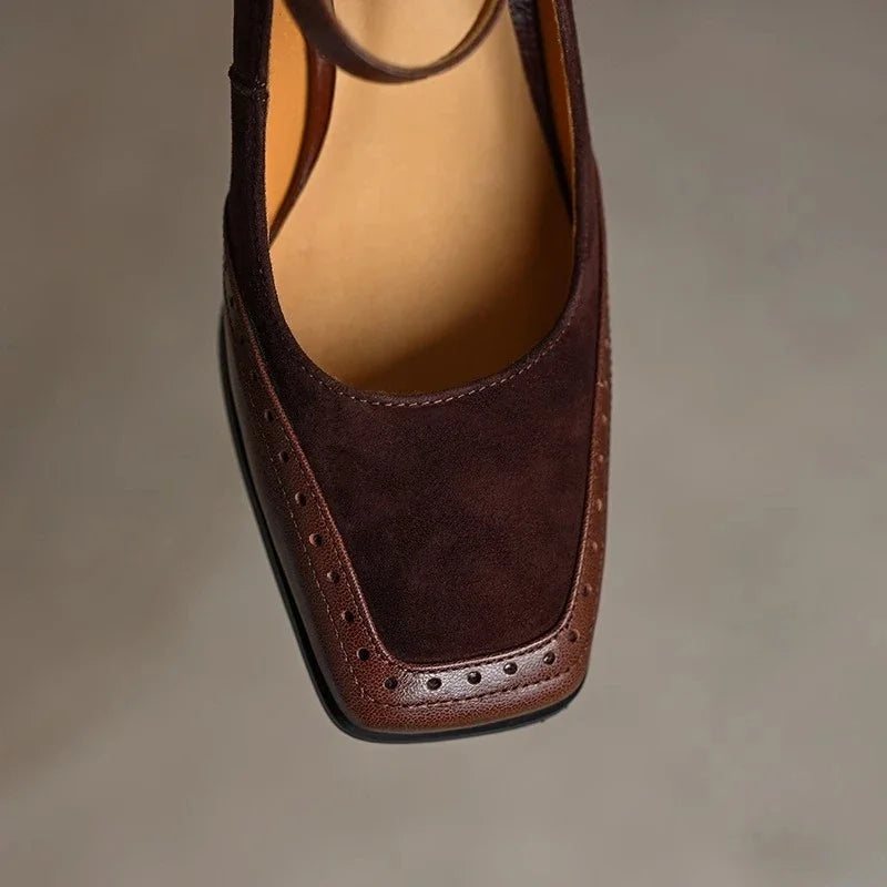 Constance | Women's Square Toe Block Heel Pumps Ankle Strap Brogue