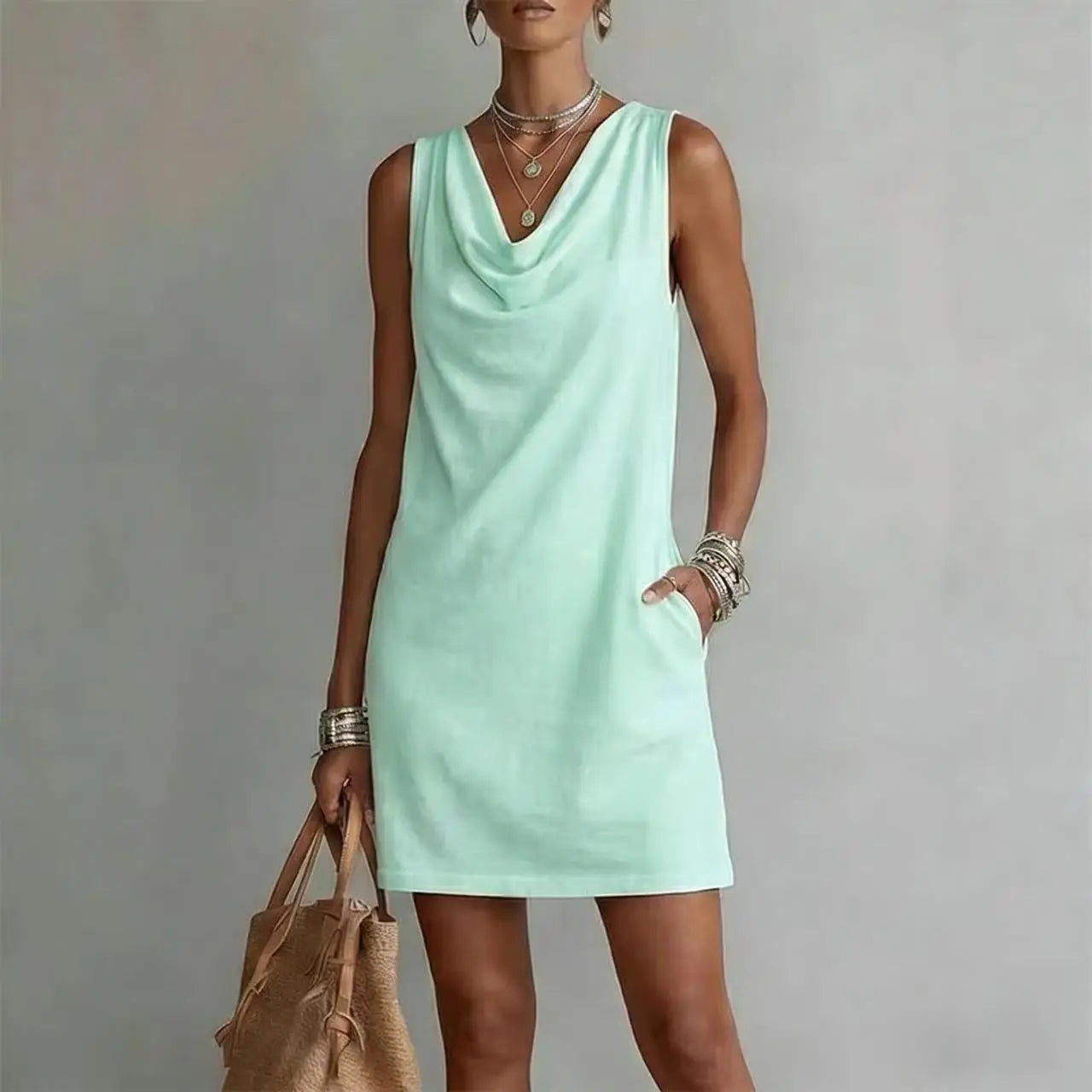 Women's Cowl Neck Mini Dress Sleeveless Pockets Casual Shift Dress