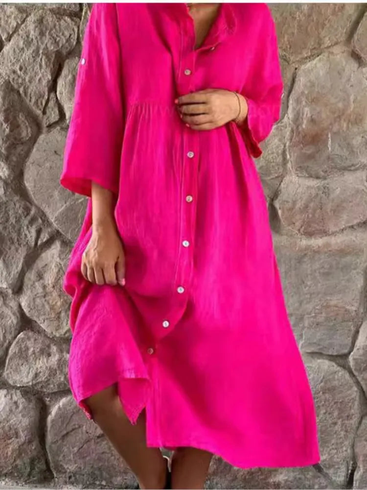 Alba | Women's Shirt Dress Long Sleeve Button Down Midi