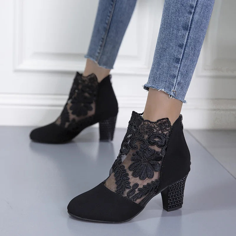 Elegant lace mesh high heel ankle boots