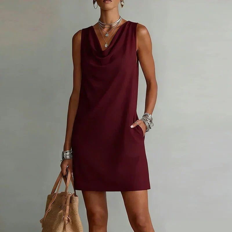 Women's Cowl Neck Mini Dress Sleeveless Pockets Casual Shift Dress
