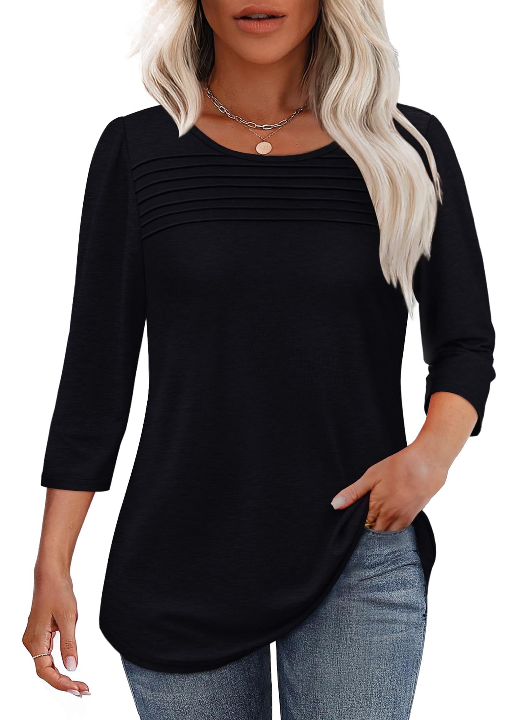 Lena | Women's Crew Neck 3/4 Sleeve Pleated Chest Top