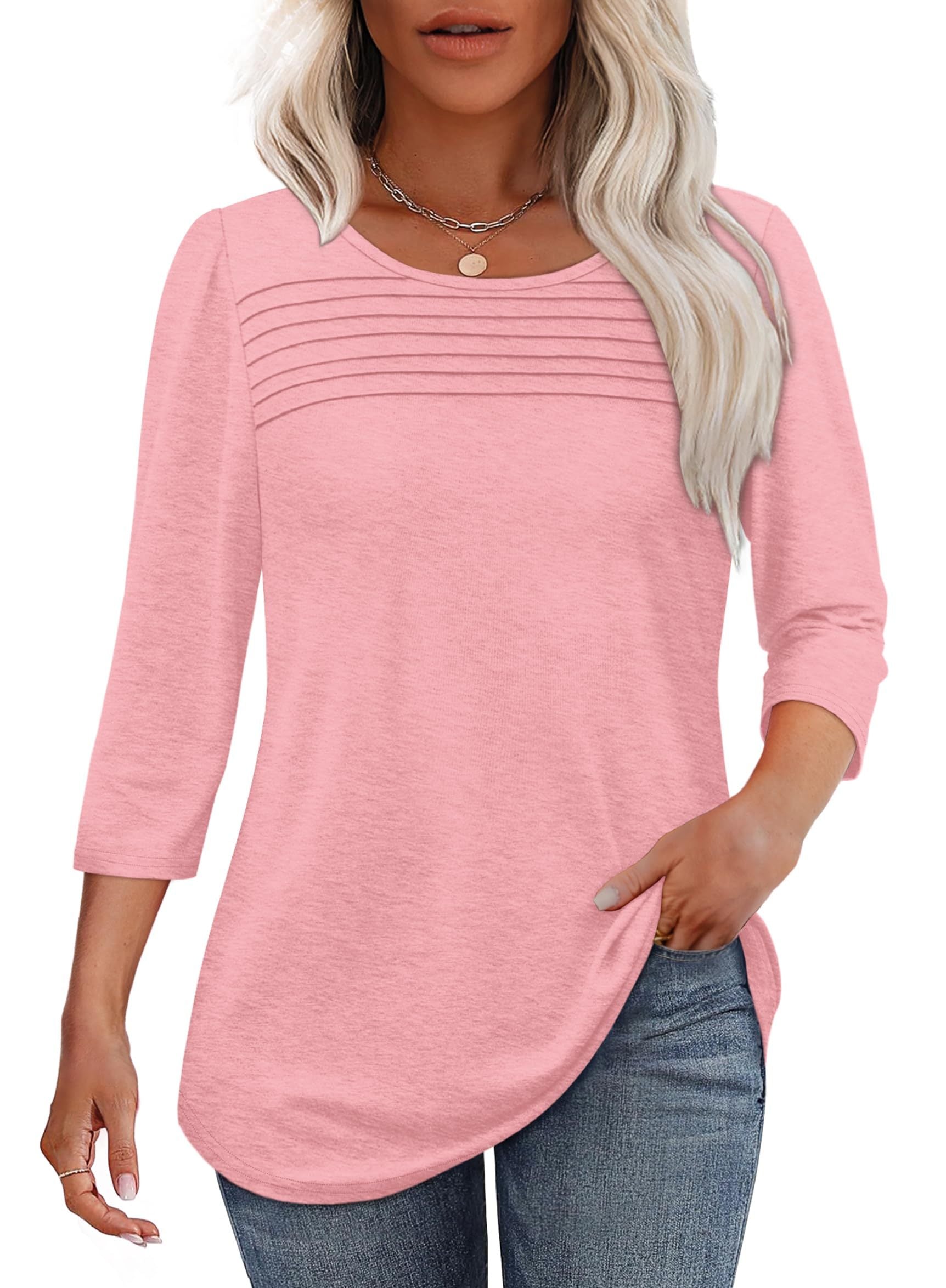 Lena | Women's Crew Neck 3/4 Sleeve Pleated Chest Top