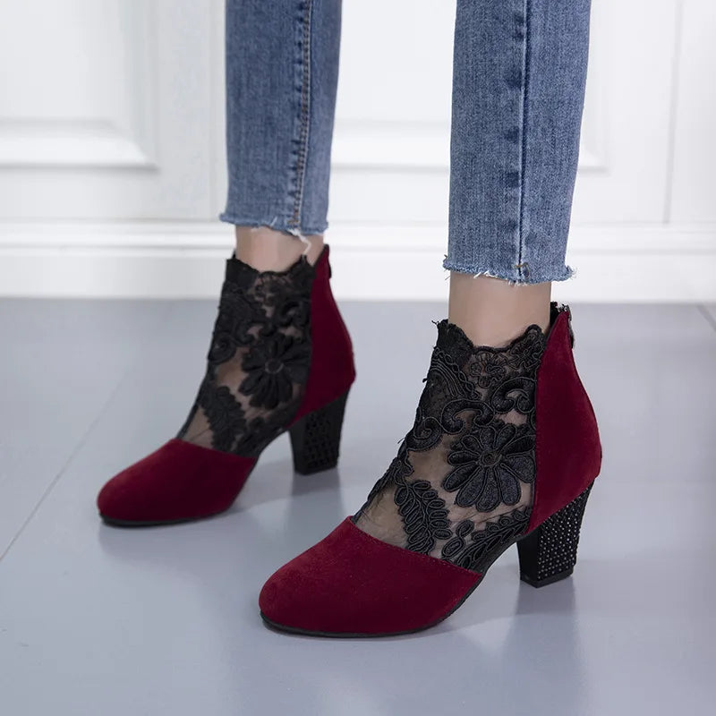 Elegant lace mesh high heel ankle boots