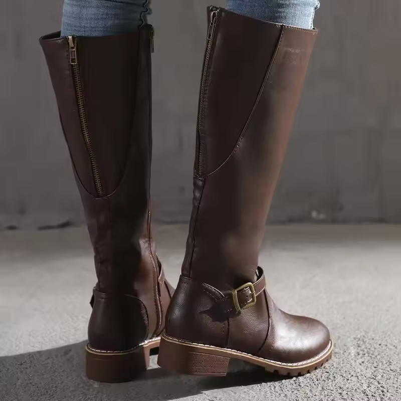 Elegant knee high boots with buckle and side zip