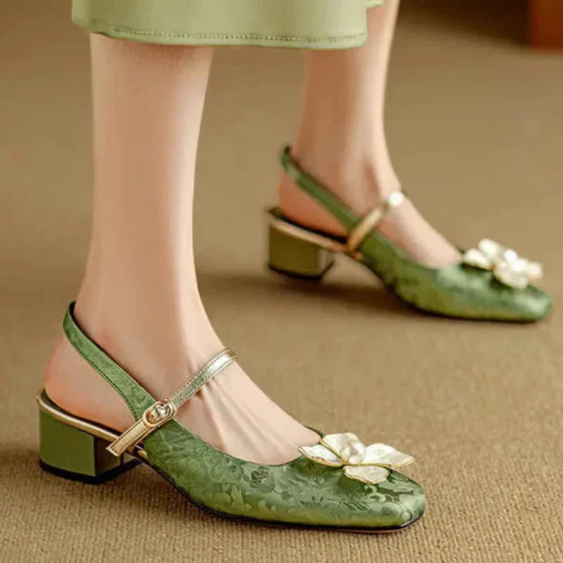 Florine | Women's Floral Slingback Pumps Square Toe Block Heel Shoes