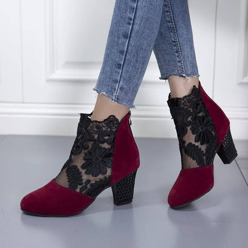 Elegant lace mesh high heel ankle boots