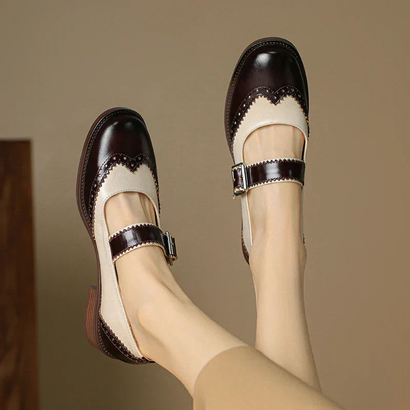 Harlow | Women's Two-Tone Leather Mary Jane Shoes Brogue T-Strap