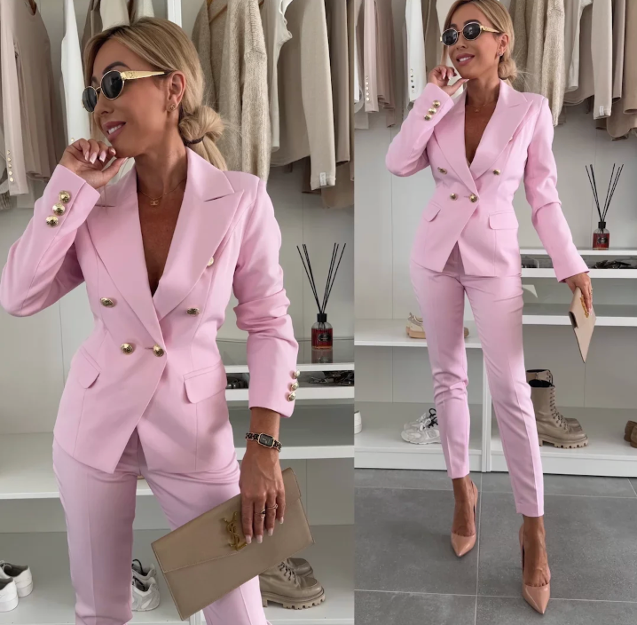 Remy | Women's Blazer Set Double Breasted Jacket Slim Pants Suit