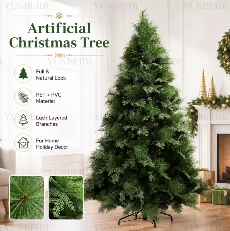 Full Lush Artificial Christmas Tree – PET/PVC Hybrid, Layered Branches