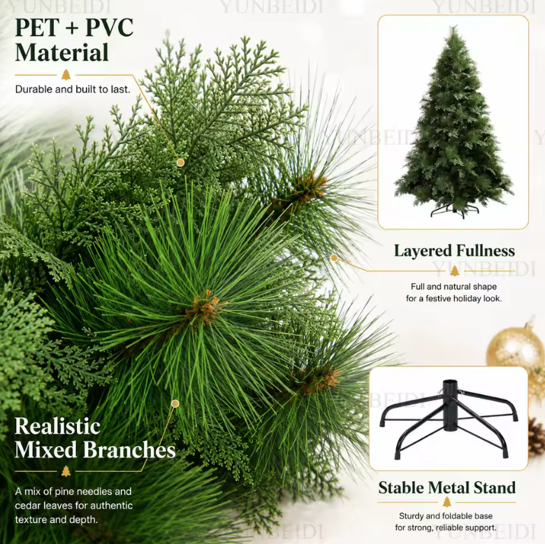 Full Lush Artificial Christmas Tree – PET/PVC Hybrid, Layered Branches