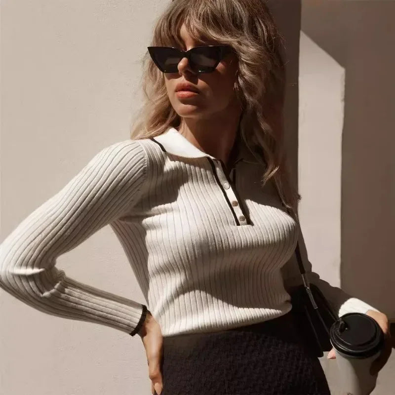 Stylish ribbed zip collar long sleeve sweater