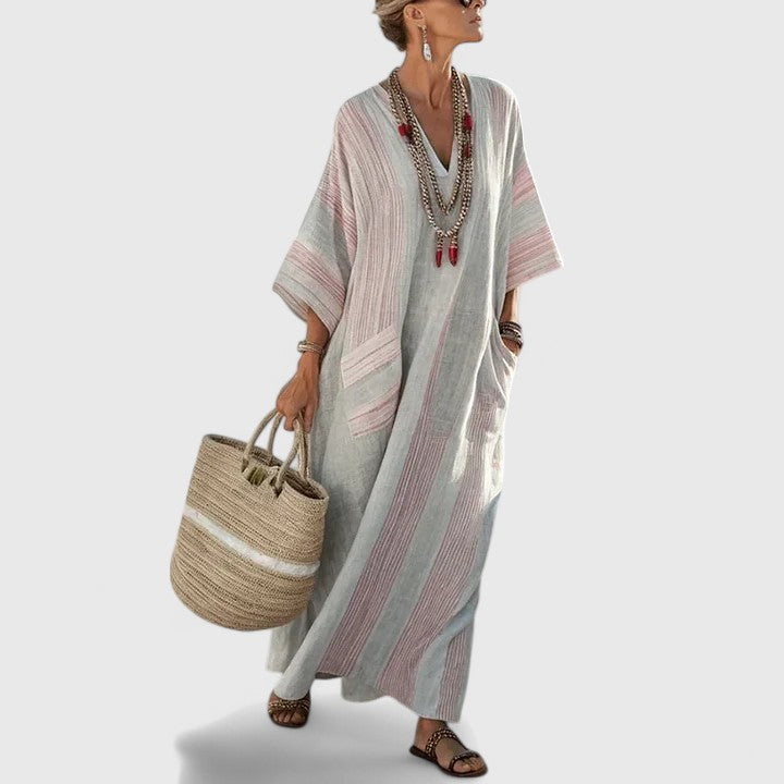 Sage | Women's V-Neck Striped Linen Maxi Dress with Pockets