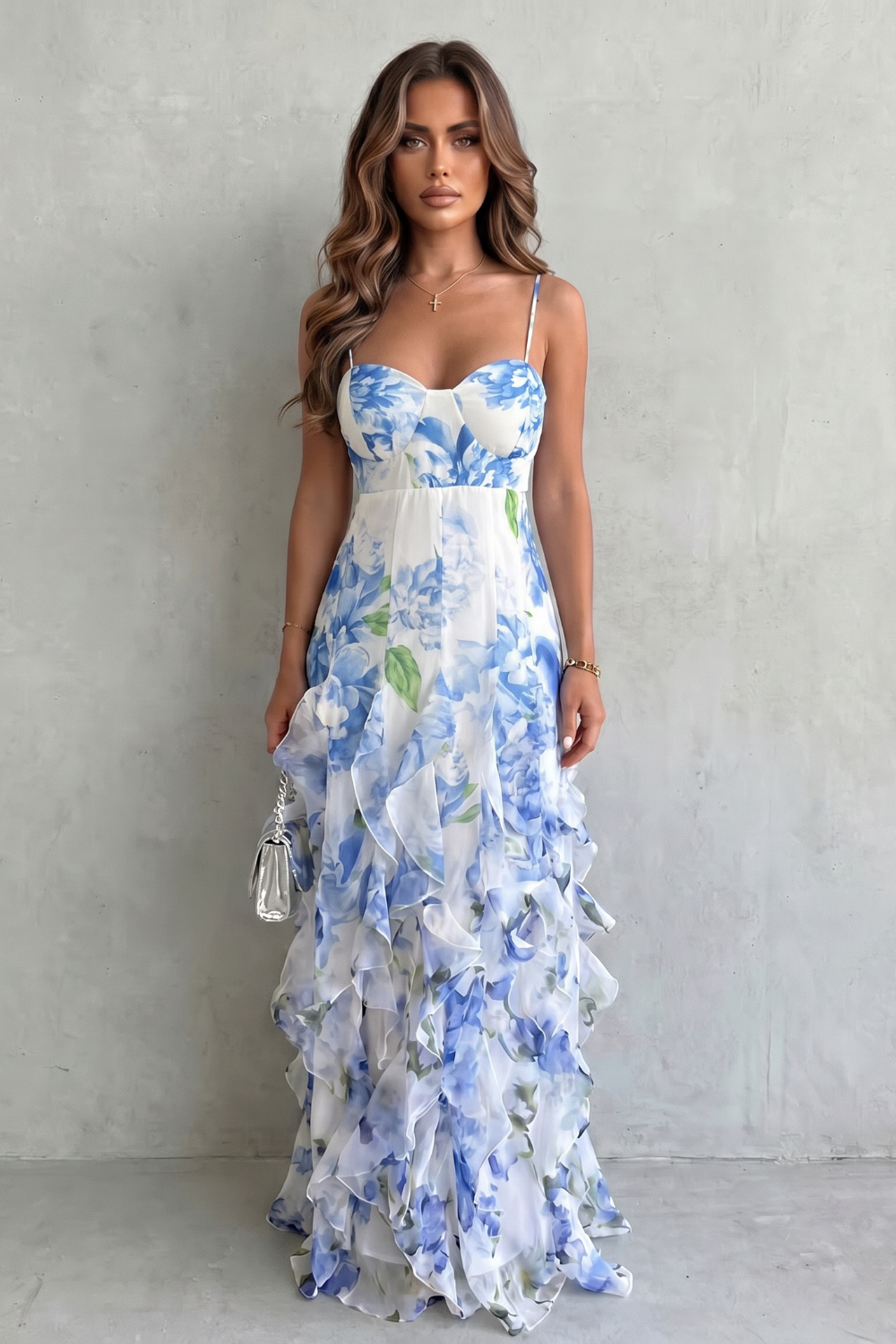 Women's Floral Ruffle Maxi Dress Sweetheart Neckline Open Back Evening