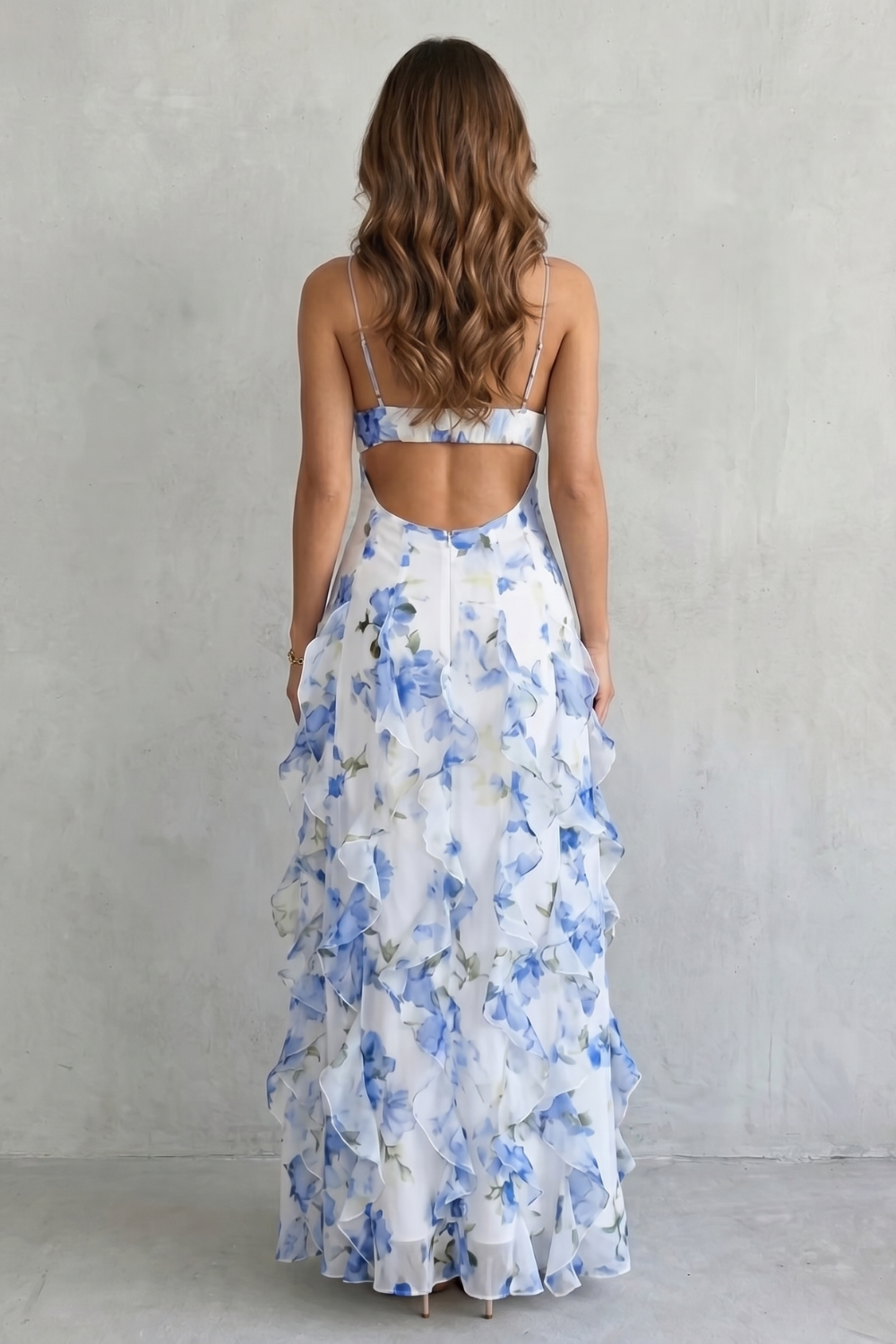 Women's Floral Ruffle Maxi Dress Sweetheart Neckline Open Back Evening