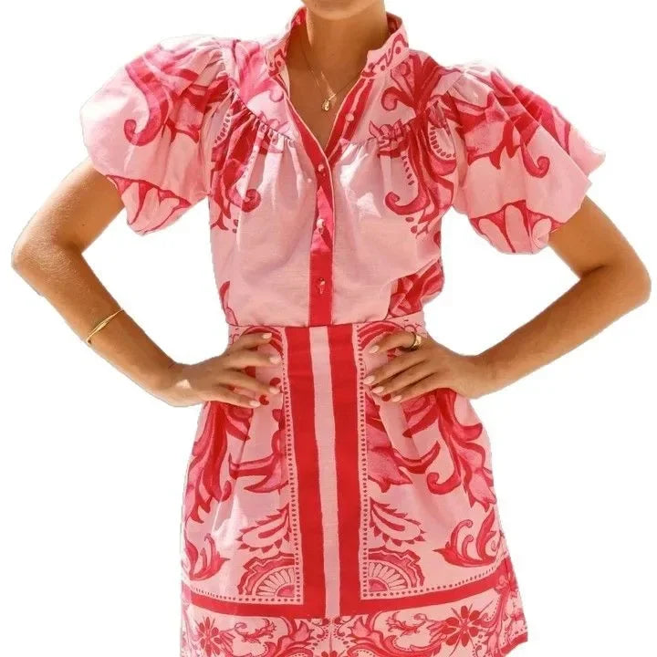 Isla | Women's Floral Print Puff Sleeve Mini Shirt Dress