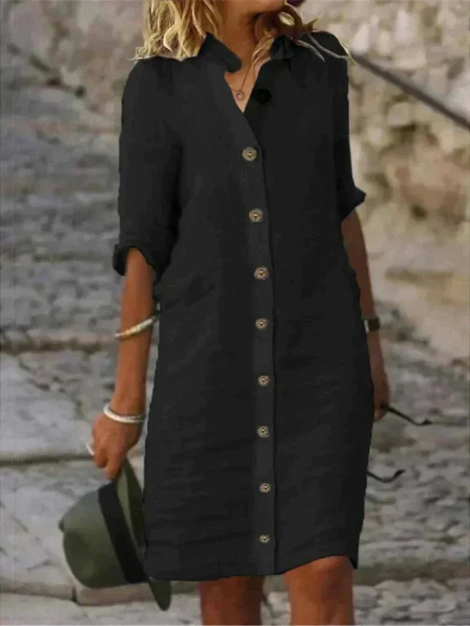 Women's Button-Down Shirt Dress Collared Linen Casual