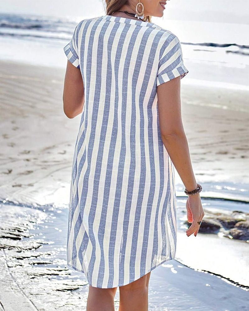 Women's Striped Shirt Dress Button-Up Short Sleeve Linen Casual Beach