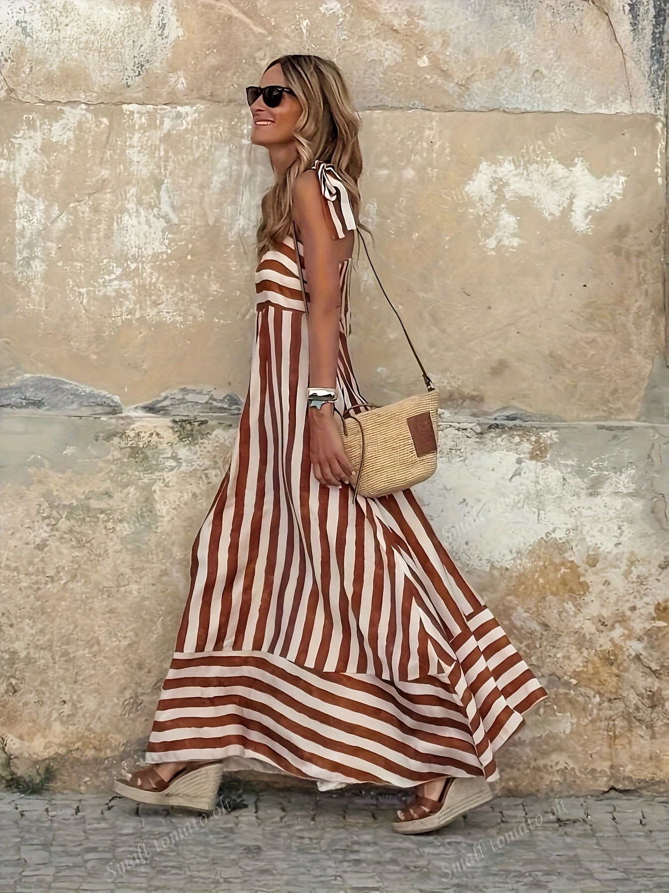 Women's Striped Maxi Dress Tie Spaghetti Strap Full Skirt Beach Sundress