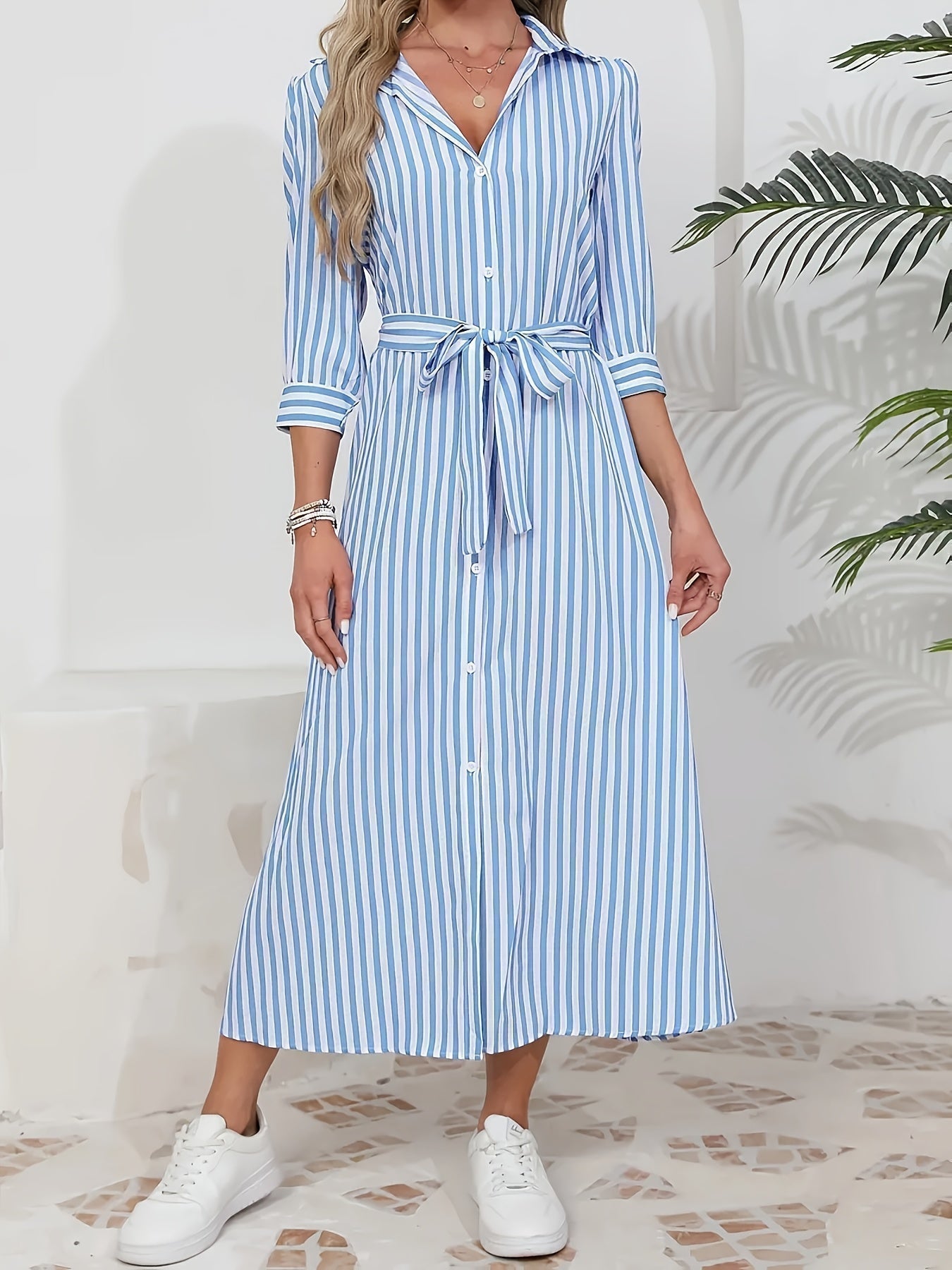 Women's Striped Shirt Midi Dress Belted Tie Waist V-Neck Casual Button Front