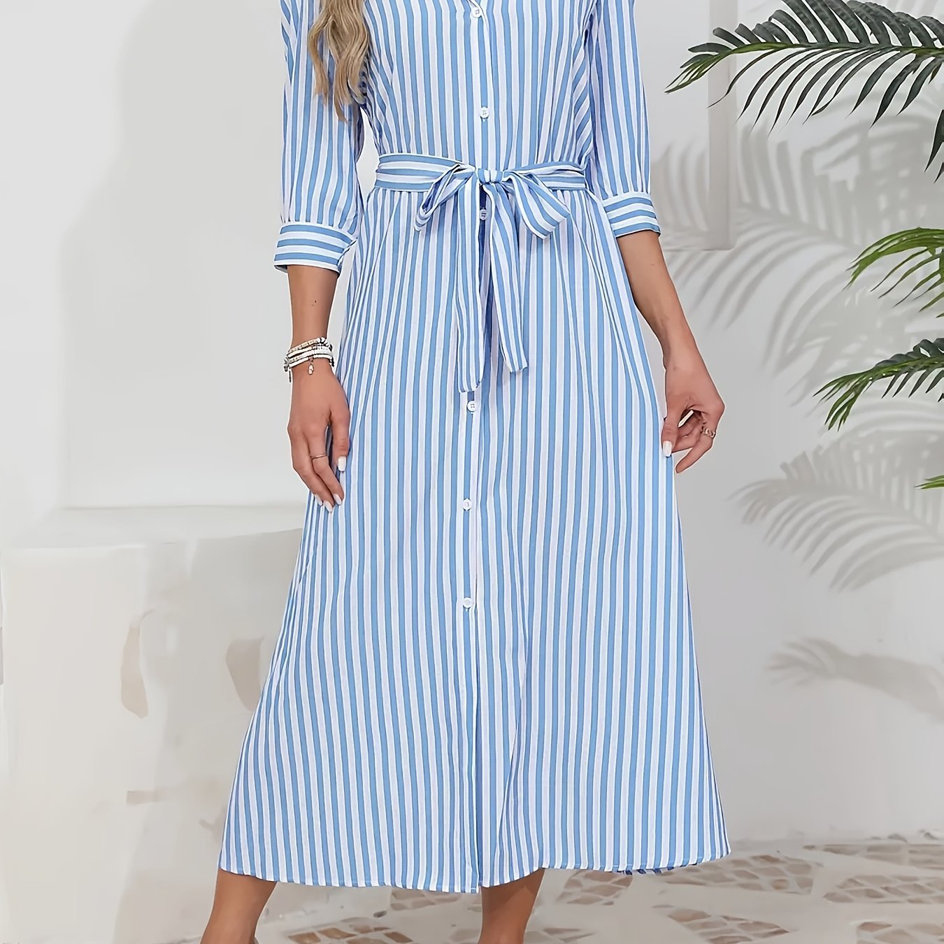 Women's Striped Shirt Midi Dress Belted Tie Waist V-Neck Casual Button Front