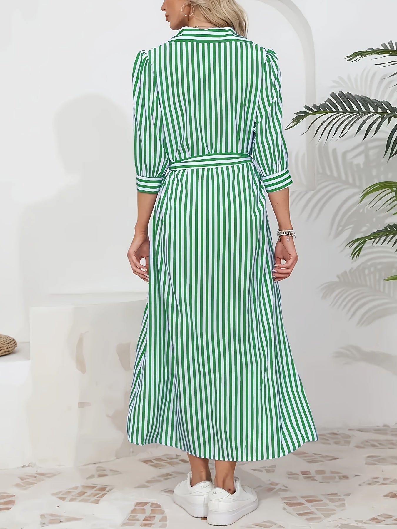 Women's Striped Shirt Midi Dress Belted Tie Waist V-Neck Casual Button Front