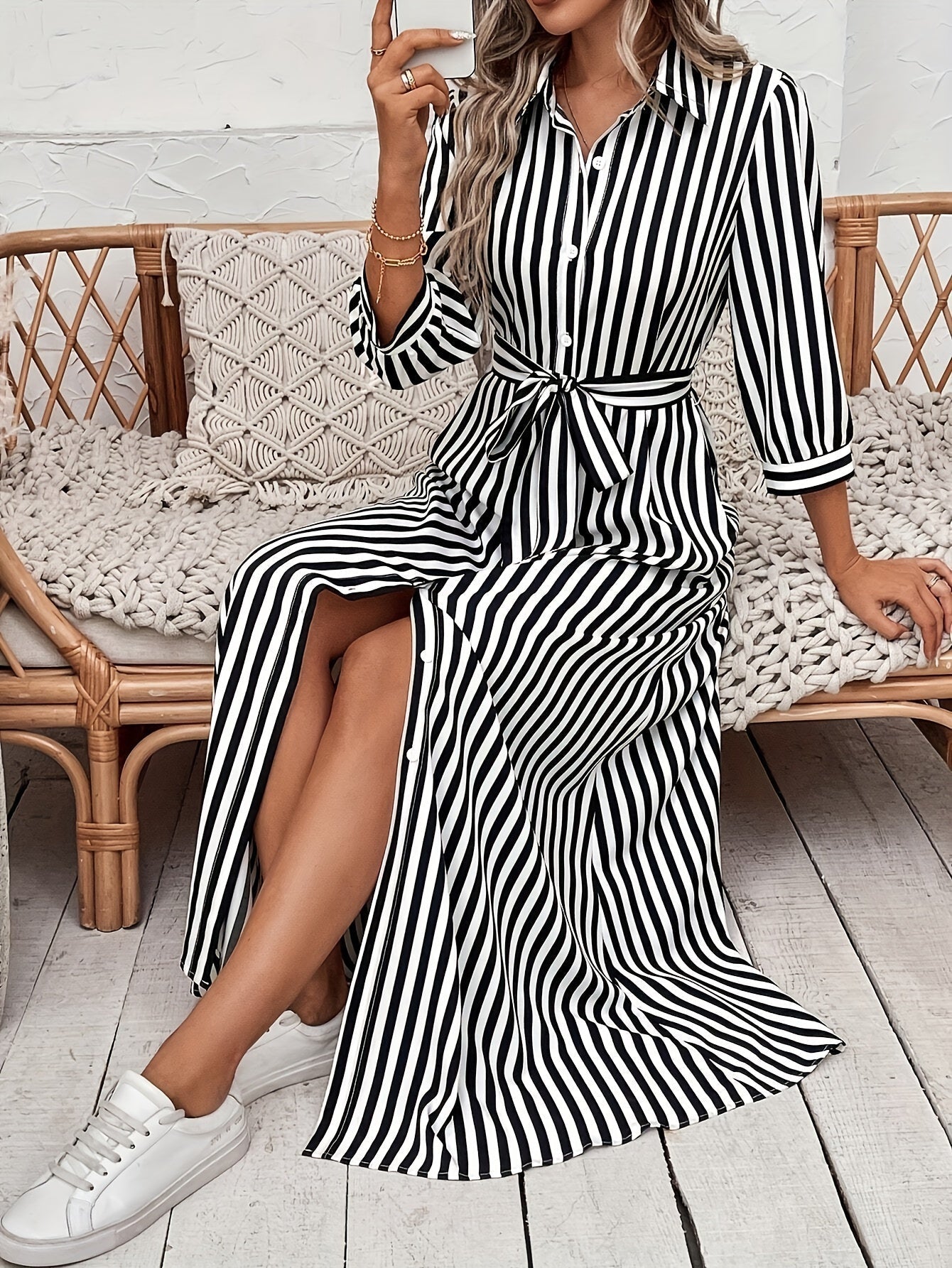 Women's Striped Shirt Midi Dress Belted Tie Waist V-Neck Casual Button Front