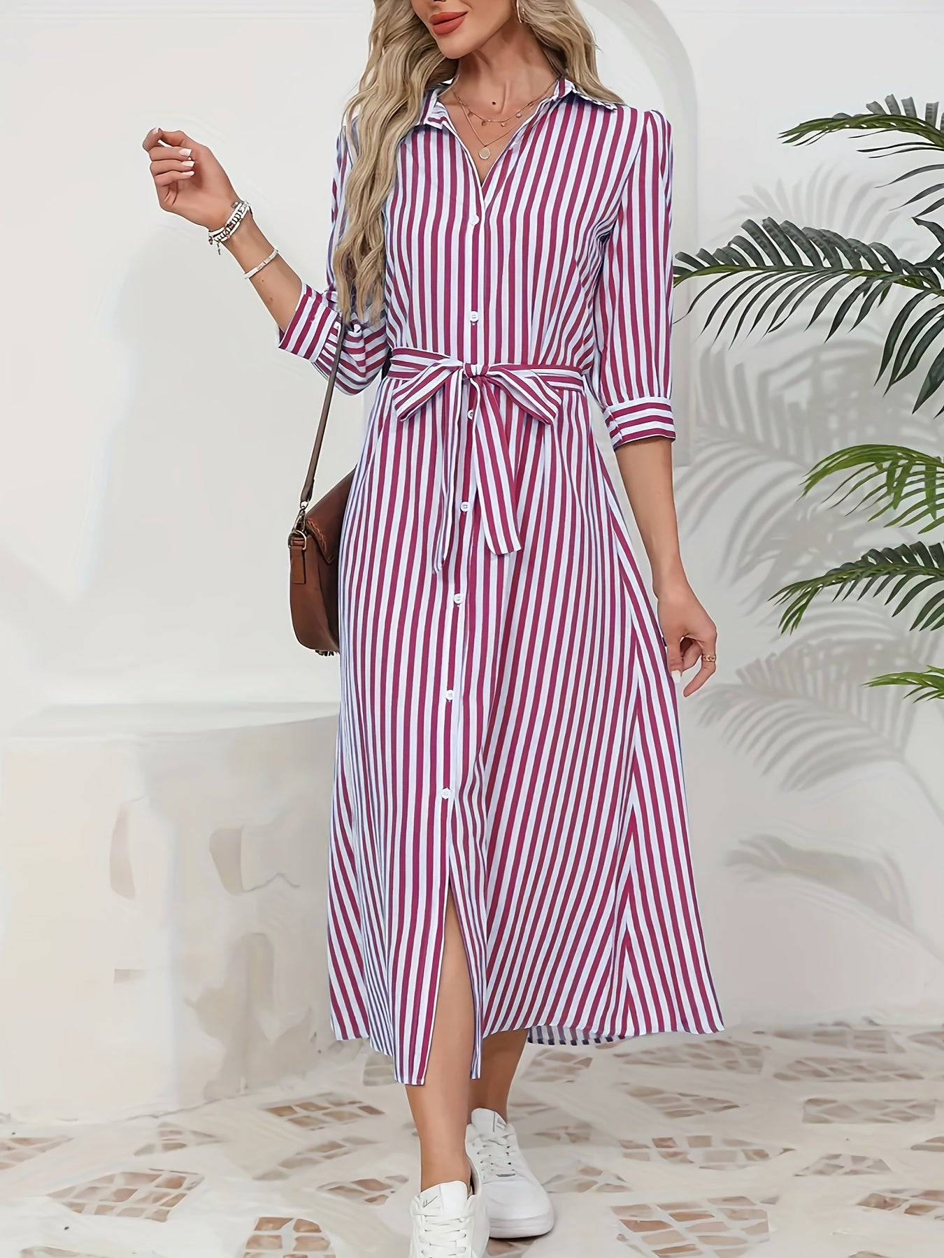 Women's Striped Shirt Midi Dress Belted Tie Waist V-Neck Casual Button Front