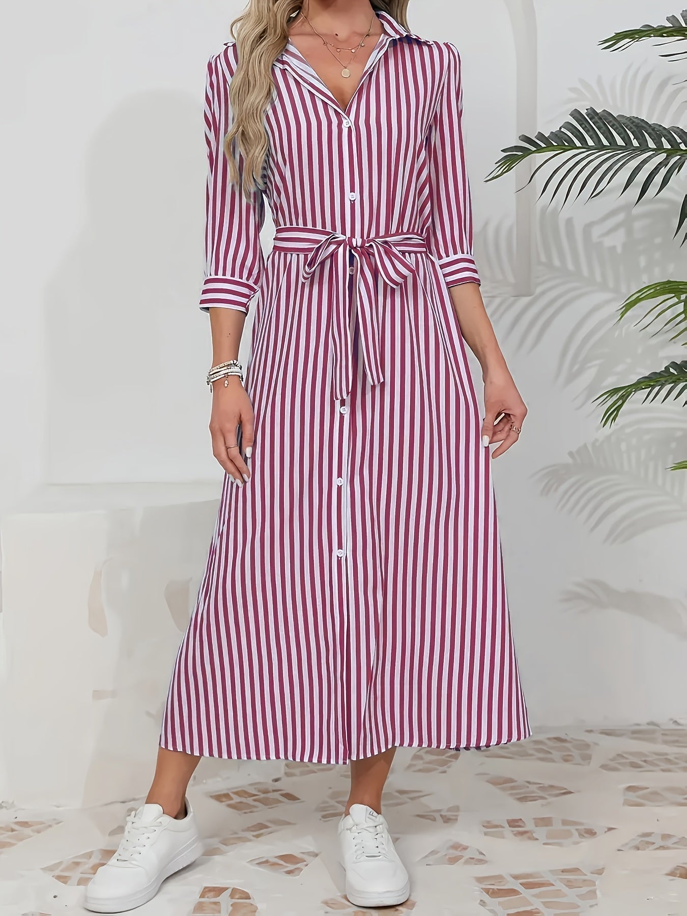 Women's Striped Shirt Midi Dress Belted Tie Waist V-Neck Casual Button Front