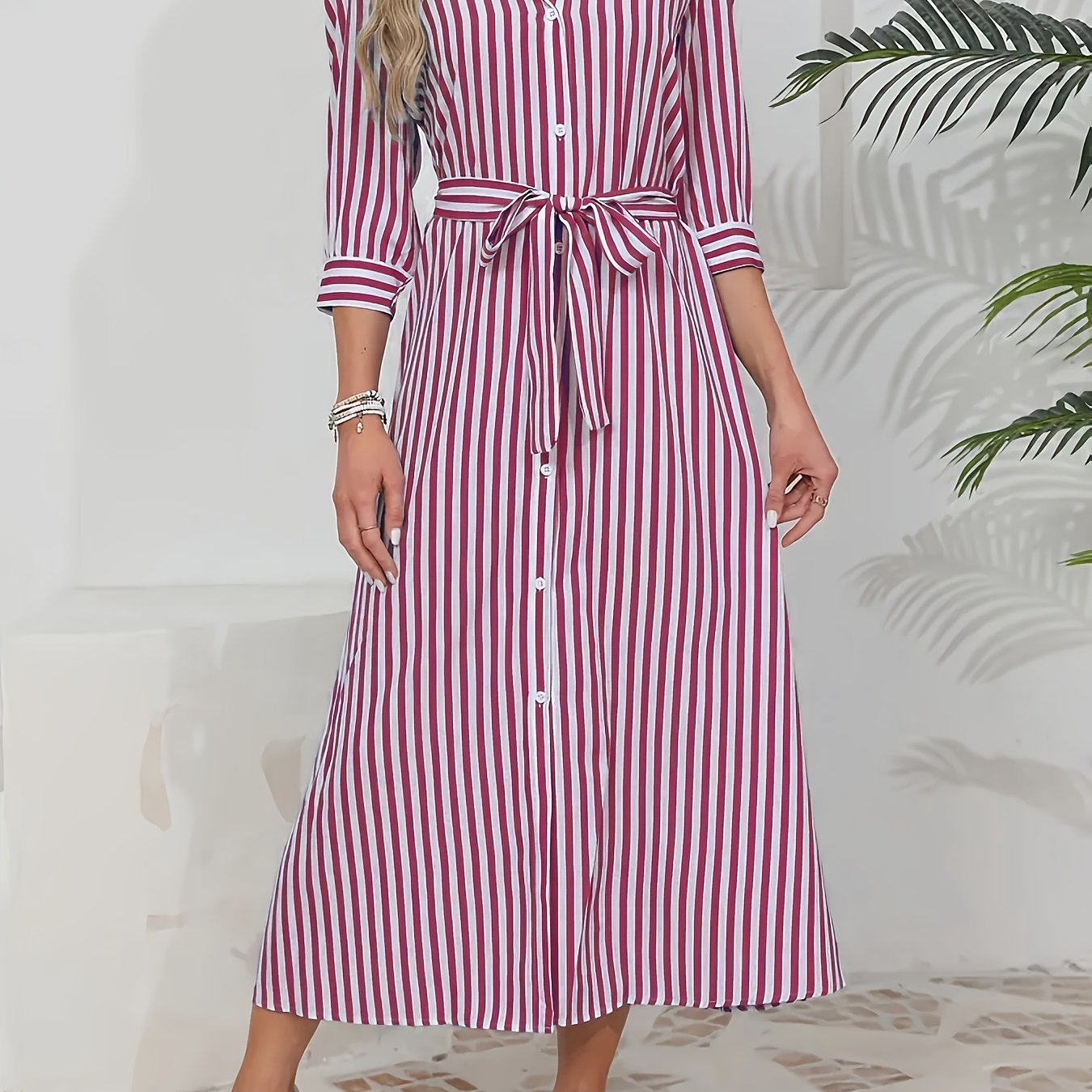Women's Striped Shirt Midi Dress Belted Tie Waist V-Neck Casual Button Front