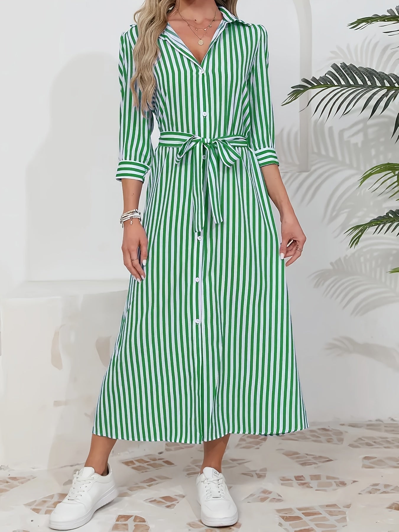 Women's Striped Shirt Midi Dress Belted Tie Waist V-Neck Casual Button Front