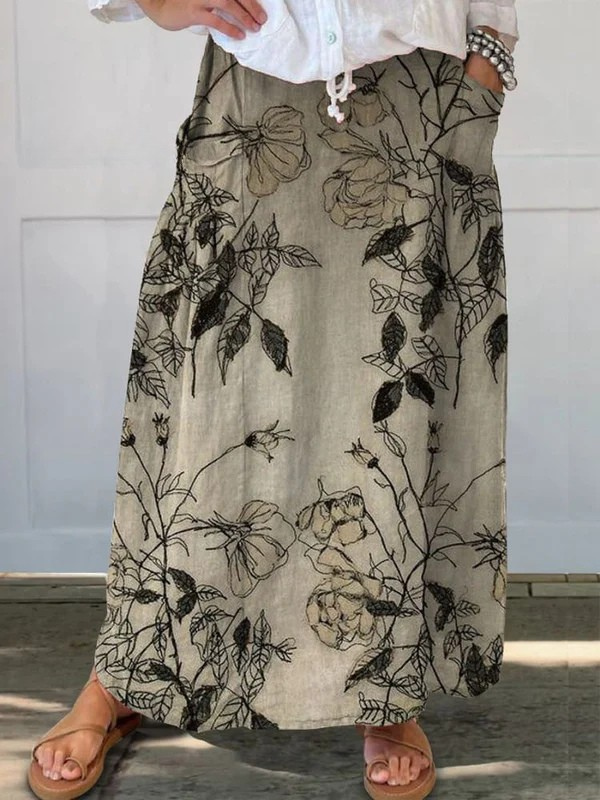 Kisses | Retro Floral Art Elastic waistband Pocket Skirt