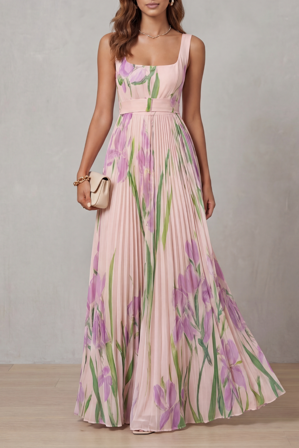 Women's Floral Pleated Maxi Dress Square Neck Belted Sleeveless