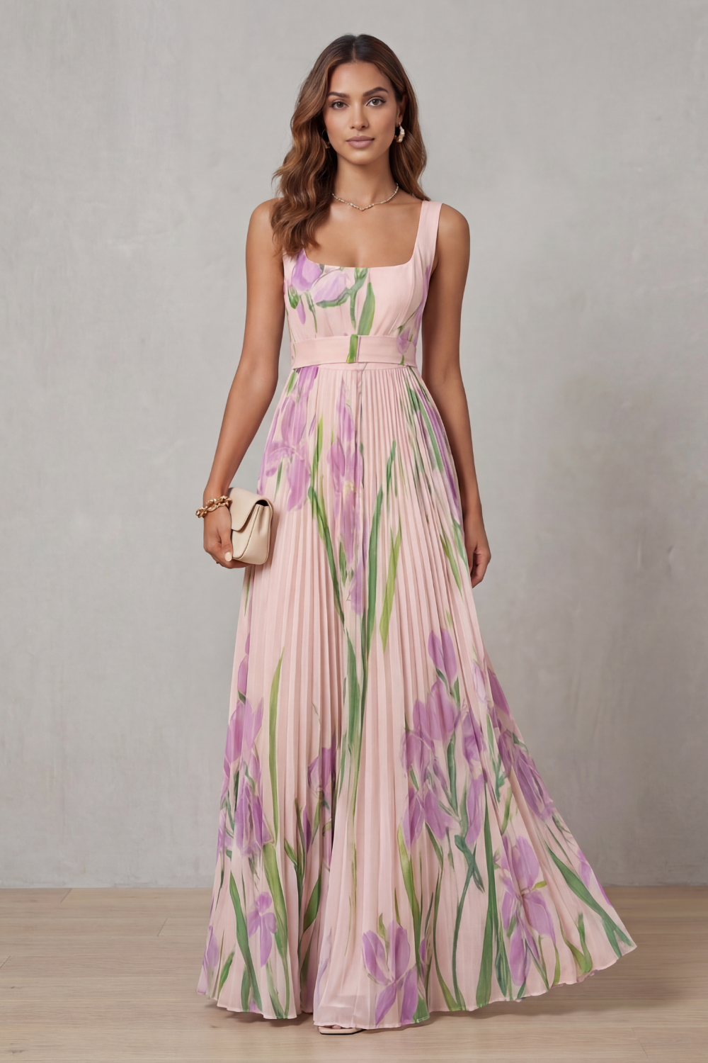 Women's Floral Pleated Maxi Dress Square Neck Belted Sleeveless