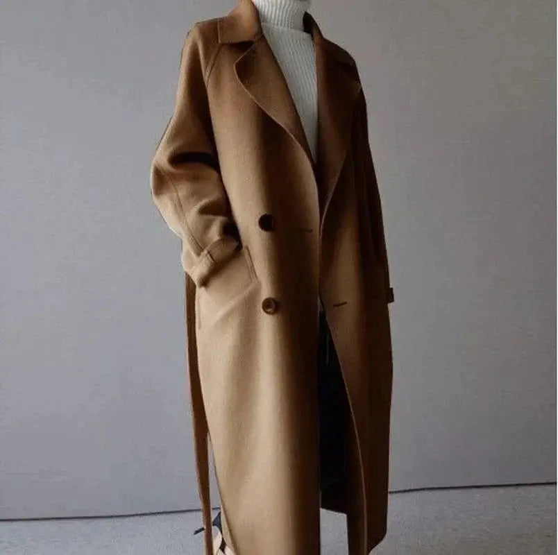 Women’s Longline Trench Coat – Elegant Belted Classic Overcoat