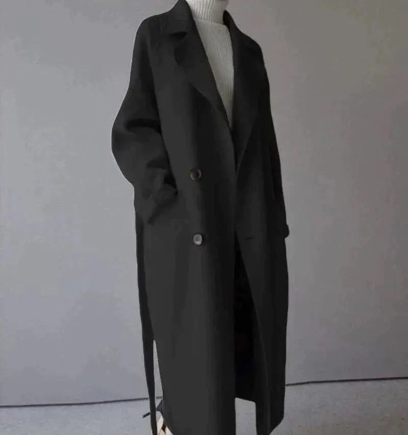 Women’s Longline Trench Coat – Elegant Belted Classic Overcoat