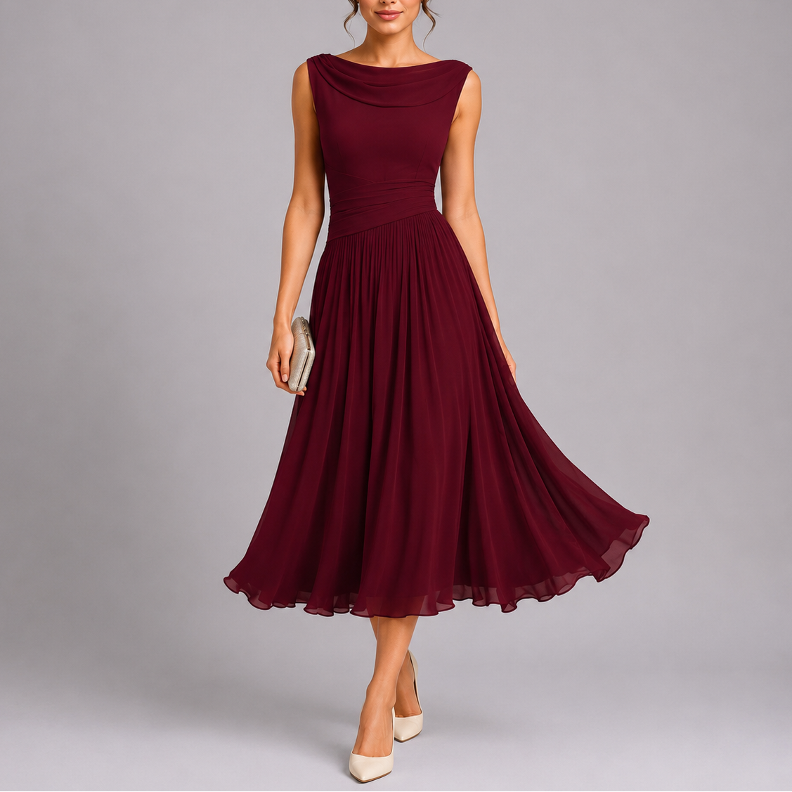 Women's Pleated Midi Dress Cowl Neck Sleeveless A-Line Party Cocktail