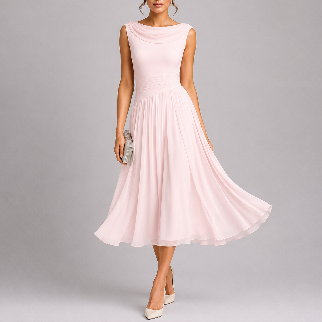 Women's Pleated Midi Dress Cowl Neck Sleeveless A-Line Party Cocktail
