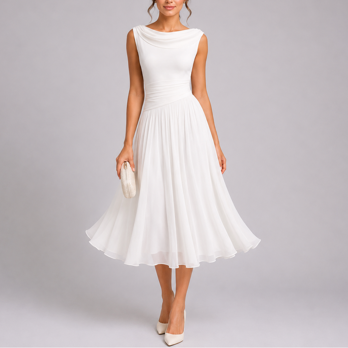 Women's Pleated Midi Dress Cowl Neck Sleeveless A-Line Party Cocktail