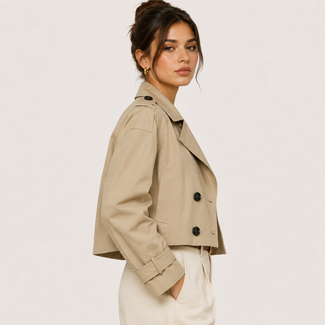 Women's Cropped Trench Jacket Double Breasted Classic Outerwear