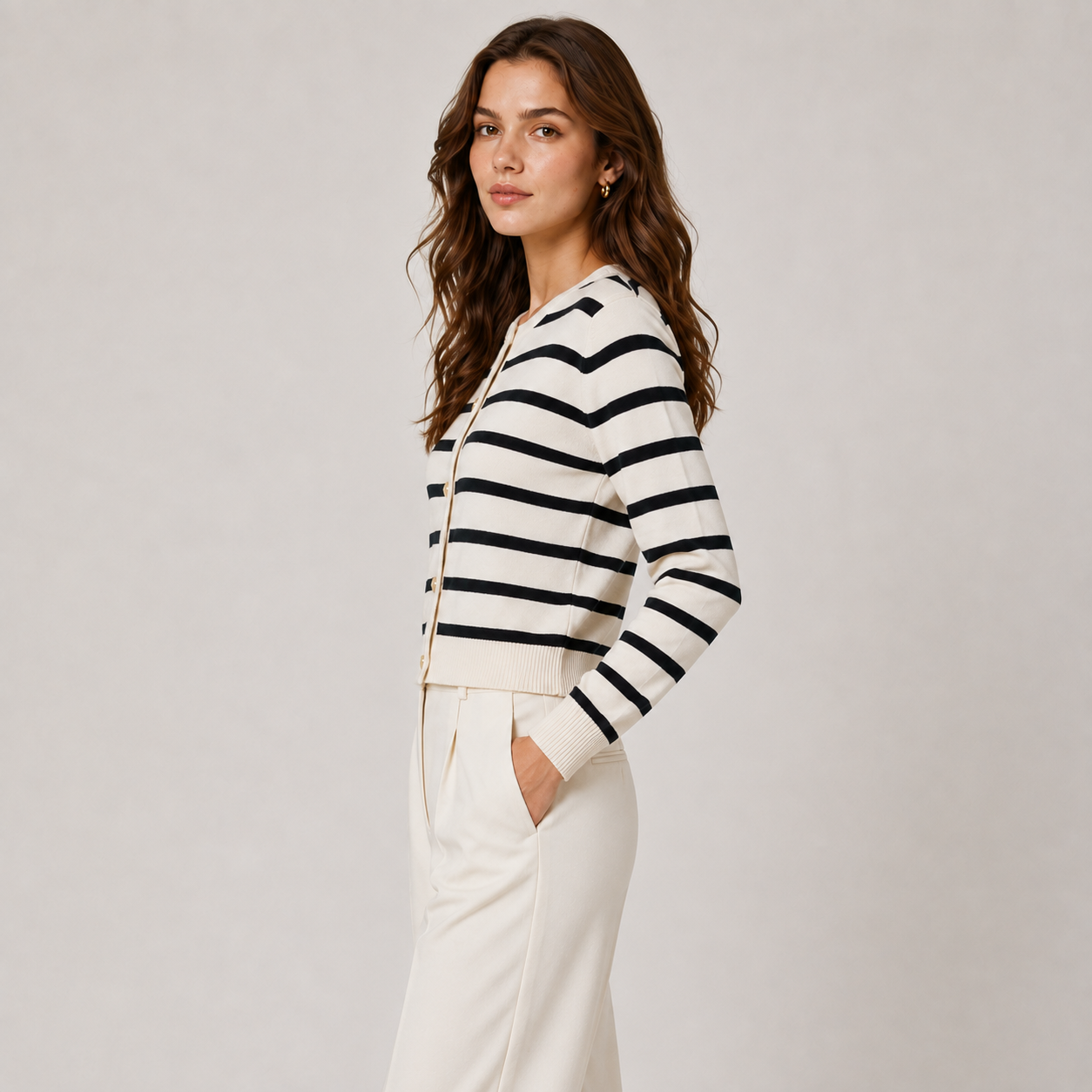 Women's Striped Knit Sweater Long Sleeve Cardigan