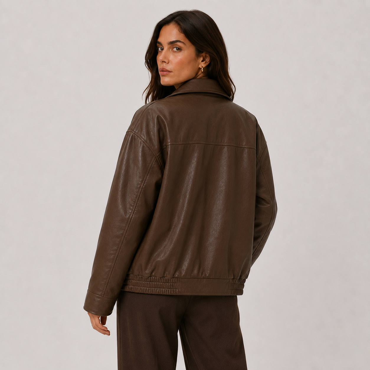 Women's Relaxed Fit Leather Look Jacket with Classic Collar