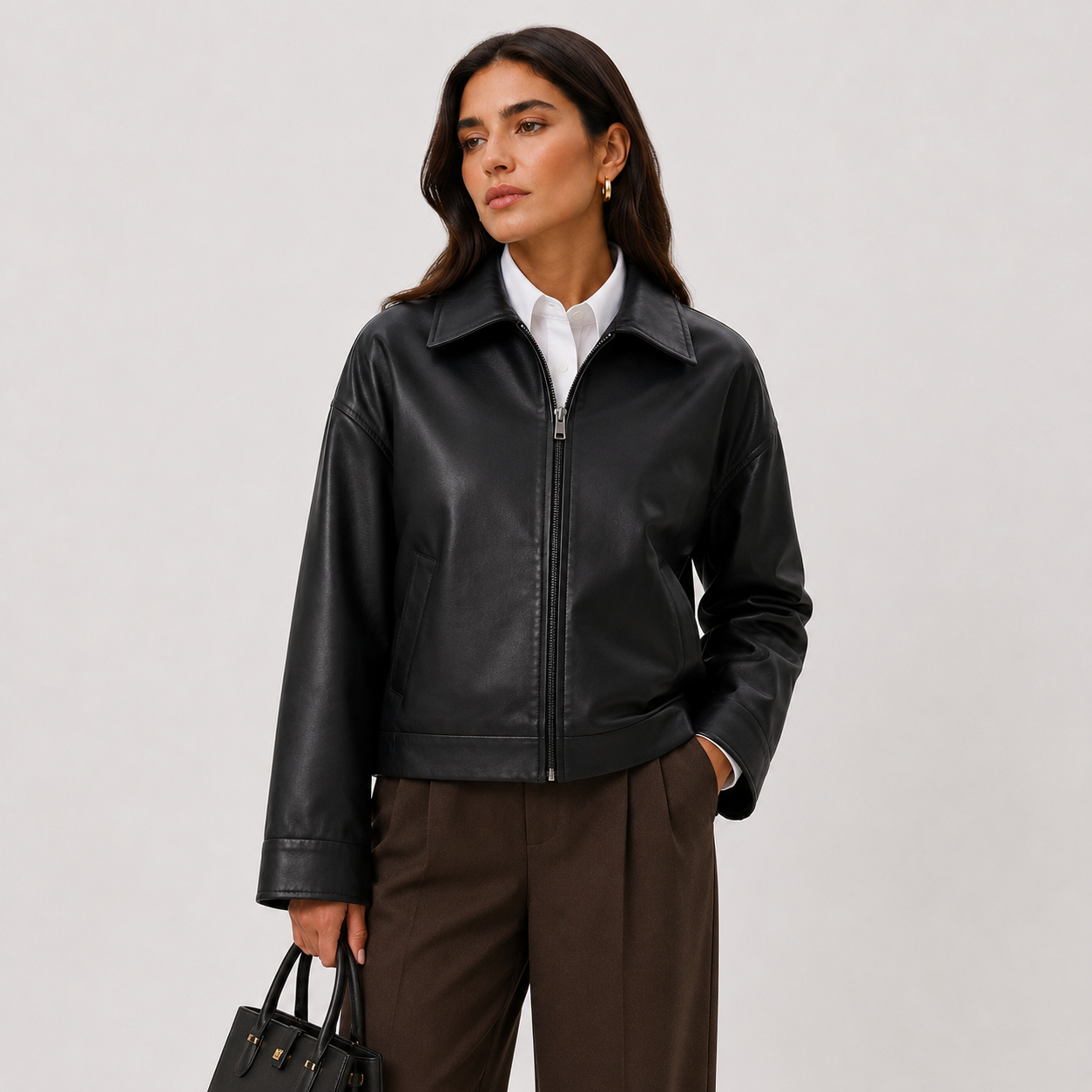 Women's Relaxed Fit Leather Look Jacket with Classic Collar