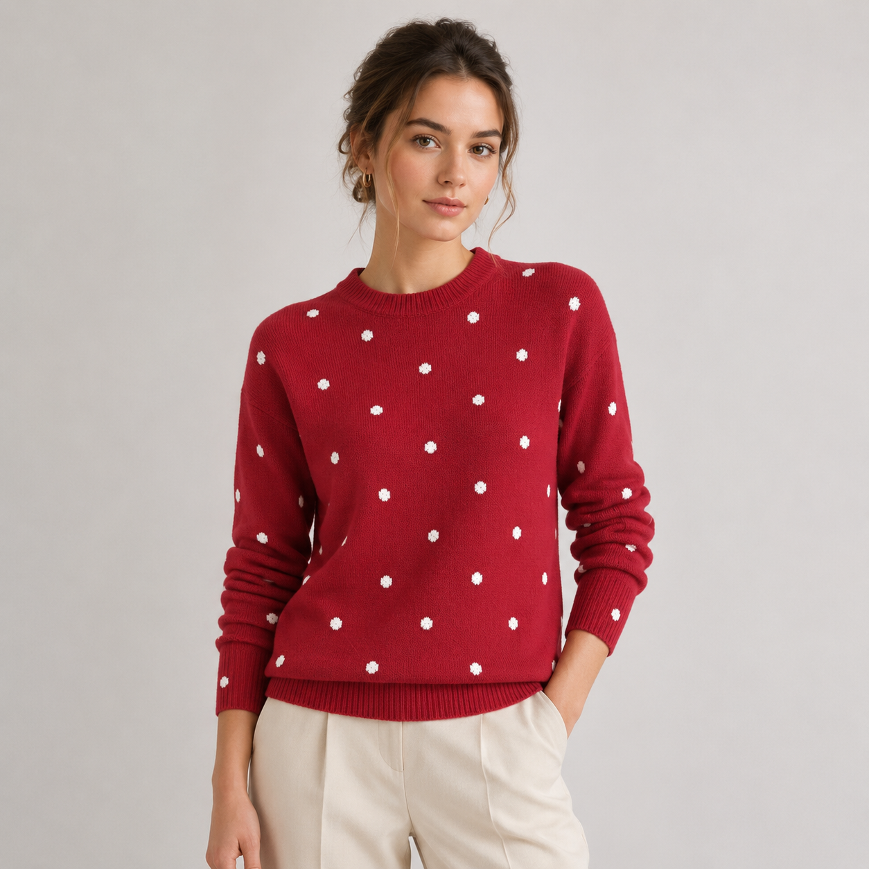 Women's Polka Dot Knit Sweater Lightweight Casual Crew Neck