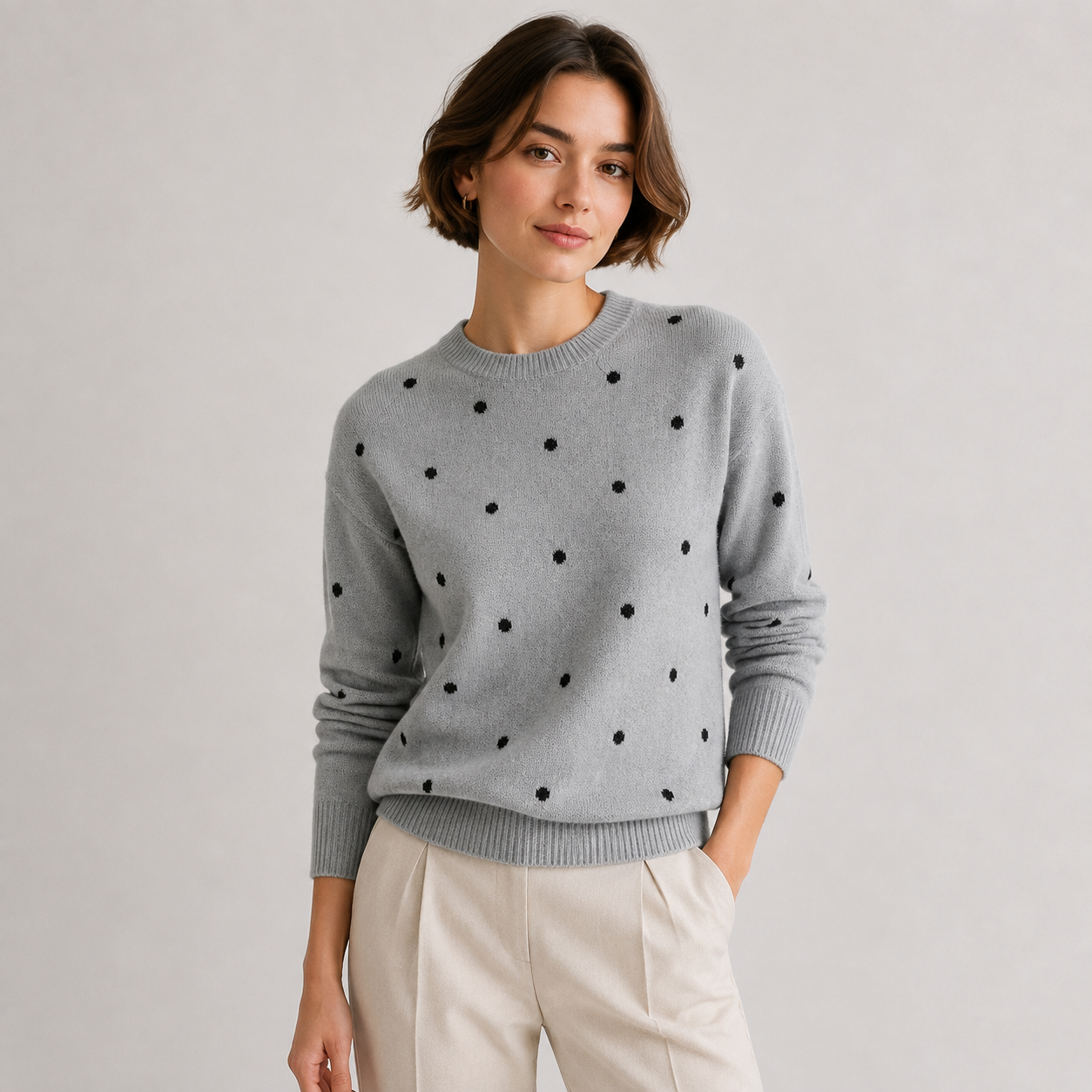 Women's Polka Dot Knit Sweater Lightweight Casual Crew Neck