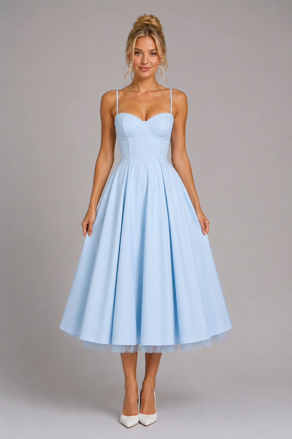 Women's Corset Midi Dress Sweetheart Neckline Full Skirt Tulle Hem Occasion
