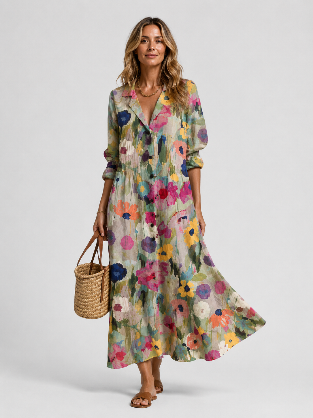 Women's Floral Maxi Shirt Dress V-Neck 3/4 Sleeve Button Front Beach Casual