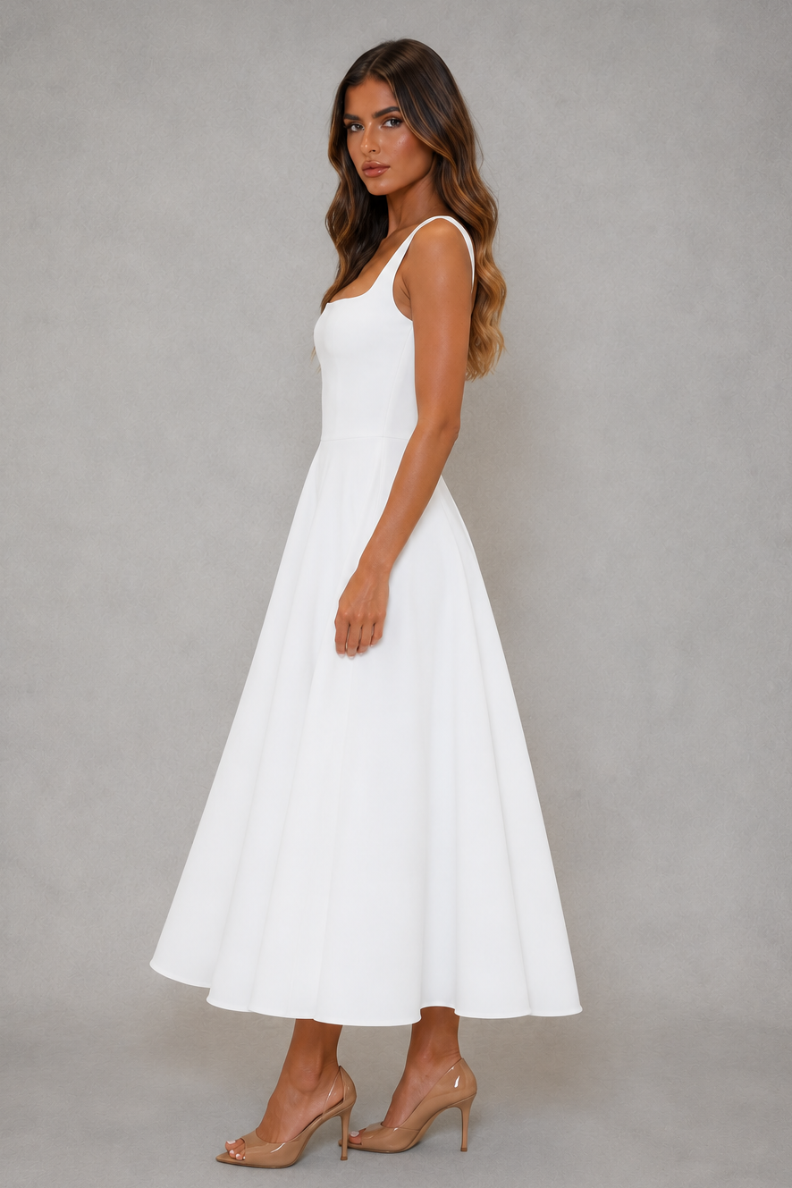 Women's Square Neck A-Line Midi Dress White Sleeveless Work & Occasion