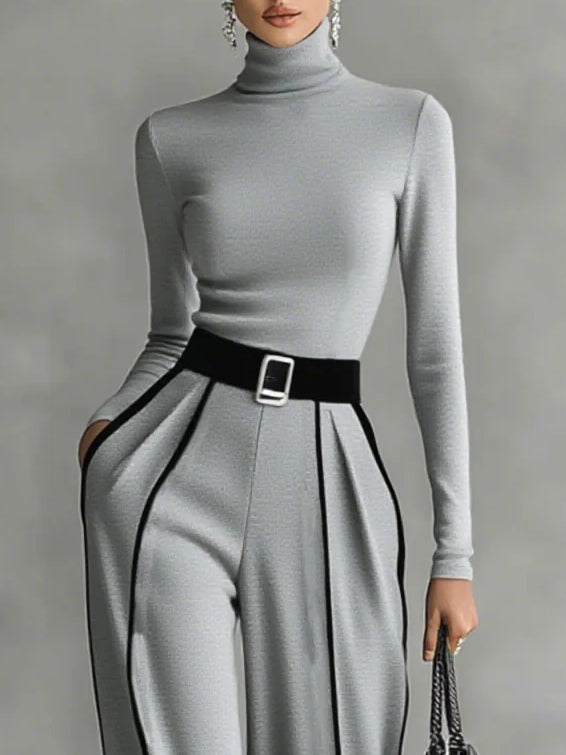 Linda | High-Neck Top & Wide-Leg Pants Set with Belt